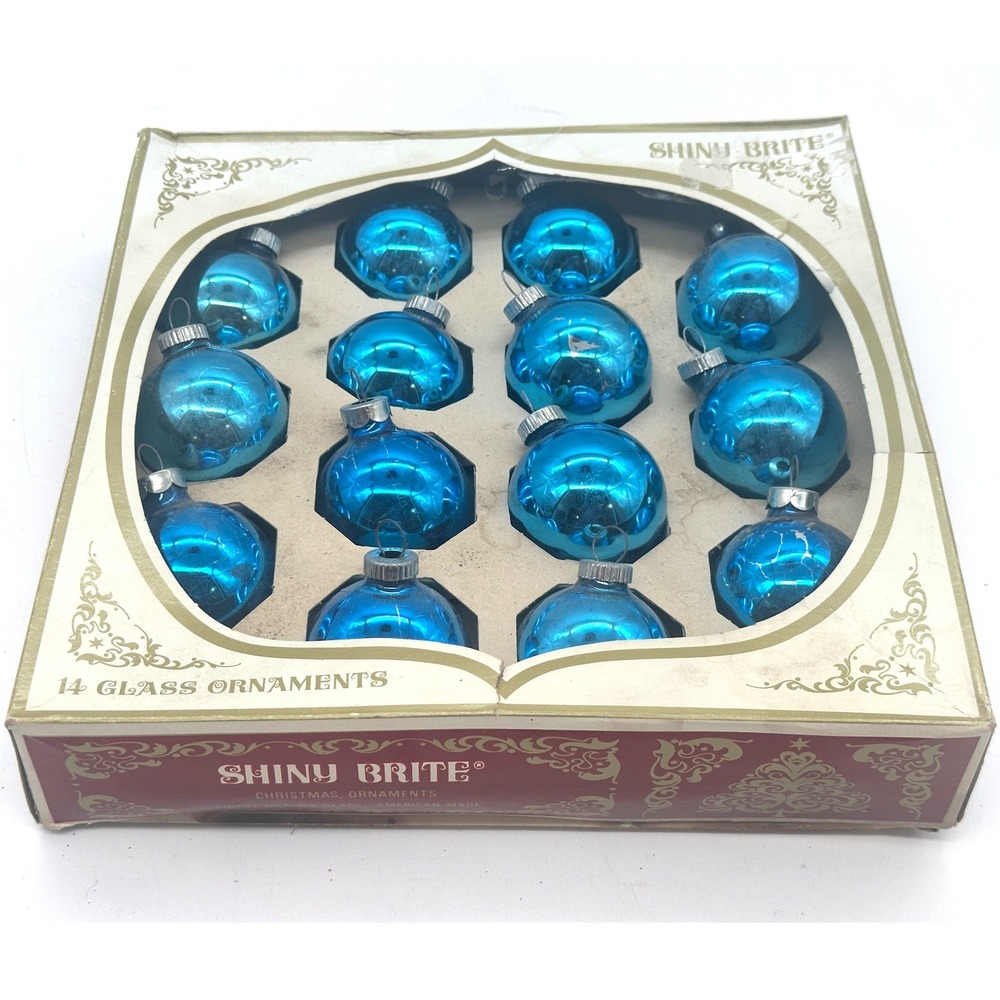Vintage Shiny Brite Glass Christmas Ornaments Set 14 Turquoise Blue Mini 1.5"